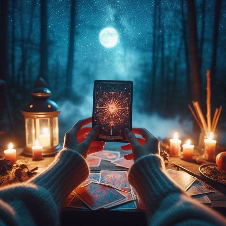 Carta de tarot en un ambiente místico, con un fondo de bosque, la luna llena brillando en el cielo, y cartas desplegadas en una mesa iluminada por velas. 